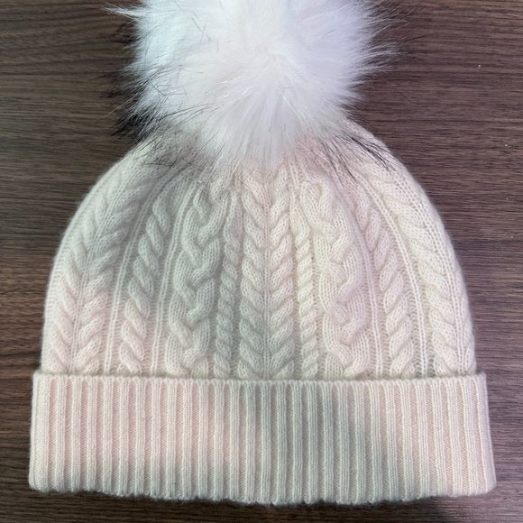*GIFT IDEA* NORDSTROM CASHMERE CABLE KNIT BEANIE WITH FAUX FUR POM POM IVORY